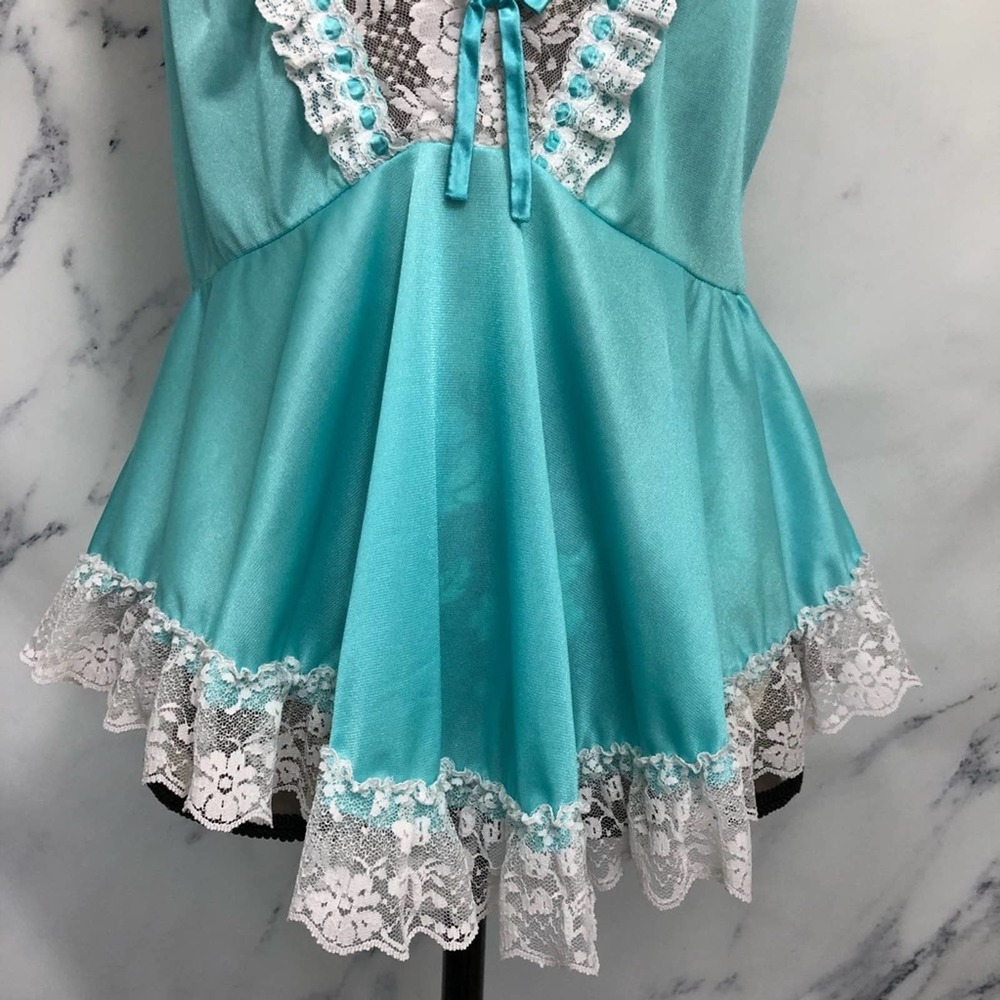 Vintage Glencraft Aqua Blue Lace Peplum Chemise Camisole Tank Lingerie Top - Picture 8 of 13